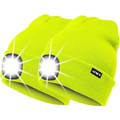Image de ATNKE 2 Pièces Chaud LED tricoté Chapeau de Bonnet Unisexe avec,USB Rechargeable Course Ultra Lumineux 4 Lampe lumière étanche Multicolore/Fluorescent Yellow