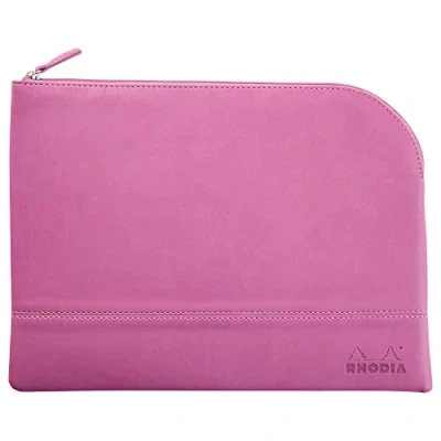 Image de RHODIA 116741C Pochette Zippée en Simili Cuir Lilas Taille L (21 x 28 cm) Coutures Véritables Intérieur Tissu Orange Rangement Documents, Petites Fournitures