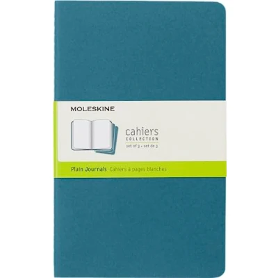 Image de Moleskine Cahier Journal, Set 3 Notebooks with Plain Pages, Cardboard Cover Visible Cotton Stiching, Colour Brisk Blue, Large 13 x 21 cm, 80 Pages