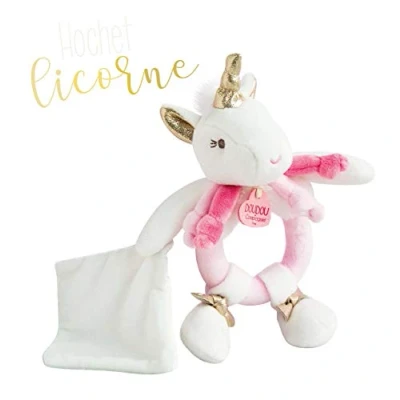 Image de Doudou et Compagnie Hochet Bébé Licorne Avec Mouchoir Collection Lucie La 17 cm Blanc/Rose Jolie Boîte Cadeau à Offrir Idée Naissance DC3310