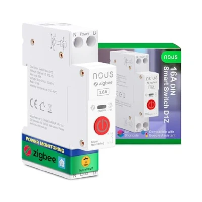 Image de Nous Zigbee Interrupteur rail DIN 16 A intelligent avec surveillance de l&#039;énergie, compatible Zigbee2MQTT, Home Assistant, Alexa &amp; Google Home, télécommande par application, commande