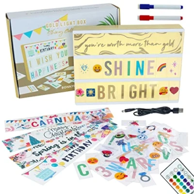 Image de Light Box A4 Or 16 Couleurs avec 400 Lettres et Emojis, 10 Cartes Premium, Télécommande, 2 Marqueurs BONNYCO Ç Inclus Boite Lumineuse Message, Idee Cadeau Femme, Deco Chambre Ado Fille