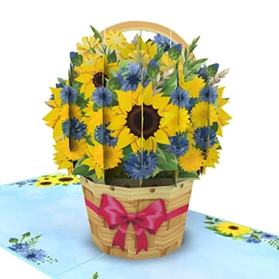 Image de MOKIO® Carte Fleur Pop Up Panier de fleurs avec Tournesols cadeau 3D pour un anniversaire, comme bon ou d&#039;argent, vœux enveloppe