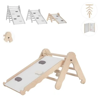 Image de MAMOI® Triangle descalade avec Toboggan Interieur pour Enfant, Mur Escalade intérieur en Bois Bebe à partir de 1/2/3 an, Motricité Libre Montessori