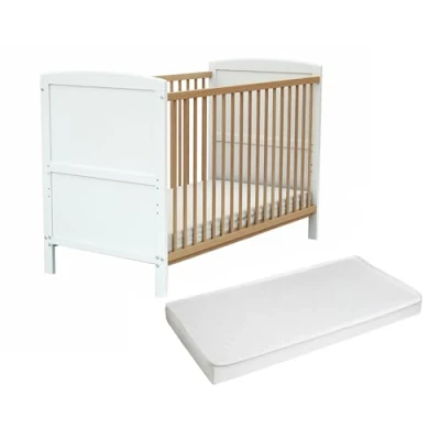 Image de AT4 Lit bébé évolutif en bois avec matelas ESSENTIEL Blanc et Hêtre Verni 60 x 120 cm