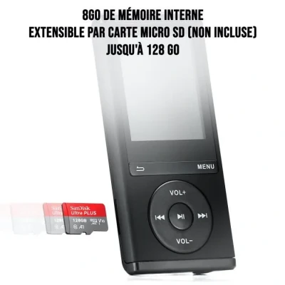 Image de WE Lecteur MP4 8Go Lecture Audio et Video, Radio FM, Bluetooth V4,0, Podomètre Noir + Ecouteurs Neuf