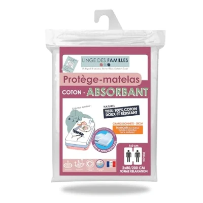 Image de Linge des Familles Protège Matelas lit articulé TPR 2x80x200 cm Doux et Absorbant Molleton 100% Coton Grands Bonnets Forme Drap Housse