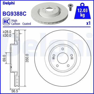 Image de DELPHI BG9388C Disque de frein 350 30 5 ventilé revêtu à haute teneur en carbone sans roulement roue, bague ABS KIA: Stinger 3/5 portes