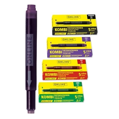 Image de Online 20x cartouches d&#039;encre combi Noir / Lilas Rouge Vert, 4x 5 universelles, celle qui est toujours compatible, encre pour stylo plume/roller, école, bureau, recharge plume