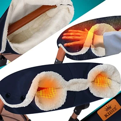 Image de KIDIZ® Chauffe mains pour poussette, gants de avec matériau en peluche chaude, polaire et coton, intérieur imperméable, coupe vent, taille universelle toutes les poussettes (Bleu)