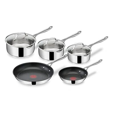 Image de Tefal Jamie Olivers Cook&#039;s Direct Inox Batterie de cuisine 8 pcs, 2 poêles, 3 casseroles + couvercles, Revêtement antiadhésif, Indicateur cuisson, Poignée sûre rivetée, Induction E304S544