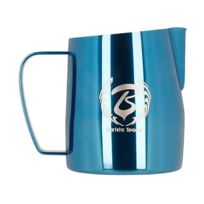 Image de Barista Space Pot à lait en argent poli, idéal pour le latte art, avec bec verseur précis, léger et pratique, recommandé par les champions du monde. silver Blue 450ml