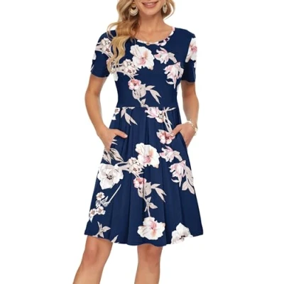 Image de AUSELILY Robe décontractée à Manches Courtes Plissée avec Swing Fluides Poches Longueur Genou Fleur de Saphir 2XL