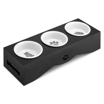 Image de Navaris Gamelle Triple Chien ou Chat Gamelles Céramique avec Support en Bois Design 3X Bol 360 ML Porte pour Croquette Eau Pâtée