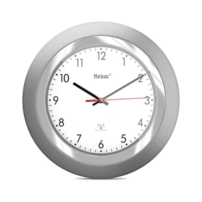 Image de Mebus Horloge Murale radiocommandée/modèle Classique/Cadre argenté/Cadran Blanc / 24cm de diamètre/Rond/Horloge radiocommandée (DCF77) Modèle : 19452 Couleur argenté,
