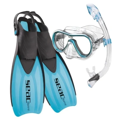 Image de SEAC Set Sprint Dry, Ensemble de Snorkeling pour Adultes et Enfants avec Palmes à Sangles réglables, Masque plongée Tuba Dry Top
