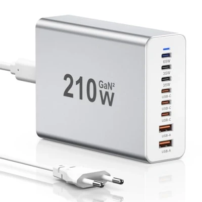 Image de Chargeur USB C, 210W Alimentation C 8 Ports GaN PD 3.0 Rapide avec Adaptateur Multi mâle Compatible iPhone 12/13/14/15 Series/MacBook Pro/Air/Samsung Galaxy S23/S22/S21