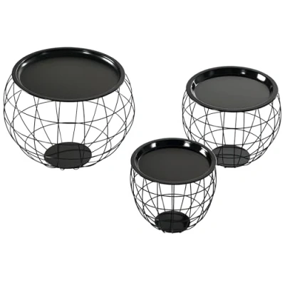Image de HOMCOM Lot de 3 Tables Basses gigognes d&#039;appoint Rondes encastrables Style néo rétro métal Noir