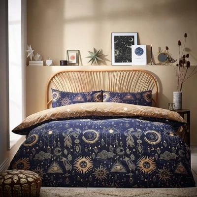 Image de furn. Constellation Parure de lit Super King Size en Coton et Polyester Doré/Bleu Marine