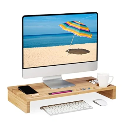 Image de Relaxdays Support de moniteur, bambou, rehausseur écran bureau, 7 compartiments, dessous PC, HLP 8,5x60x30 cm, naturel
