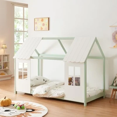 Image de [en.casa] Lit Cabane avec Fenêtres et Toit Enfant Forme Maison Design Sommier à Lattes pour Chambre d&#039;enfant en Bois de Pin Contreplaqué 90 x 200 cm Vert Menthe Blanc