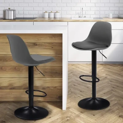 Image de 2 tabourets de bar design gris et pied noir