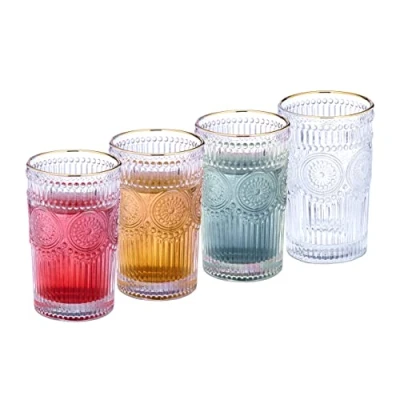 Image de Relaxdays Lot de 4 Verres avec Motif, 400 ML, Vintage, Bord doré, jus Fruits, lavables Lave Vaisselle, Transparents