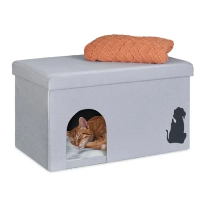 Image de Relaxdays Grotte pour Chat, jusquà 100 kg, Banc Robuste, cachette, env. 40,5 x 72 cm, Pliable, avec Coussin, Gris