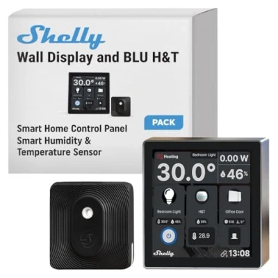 Image de Shelly Wall Display Noir + Blu H&amp;T (Bundle), Kit domotique Wi Fi &amp; Bluetooth, Panneau de contrôle, Capteur température et d’humidité, Relais interrupteur 5A, Thermostat, Mesure consommation