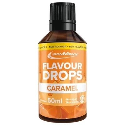 Image de IronMaxx Flavour Drops Caramel 50ml Calories et sucre gratuits Arômes végétaliens pour sucrer les aliments Pratique avec bouchon compte gouttes