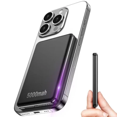 Image de Mini Batterie Externe magnétique sans Fil,5000 mAh Power Bank,15W Bank Induction USB C Charge Rapide PD 20 Compatible avec Phone 16 Plus Pro Max 15 14 13 12 Coque Mag Safe Noir