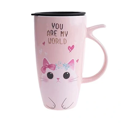Image de lachineuse Mug Chat Kawaii Mignon 300ml Grand XXL Rose en Porcelaine Japonais à Thé &amp; Café Avec Couvercle Isotherme Lucky Cat Tasse Idée Cadeau Japon Asie Géant