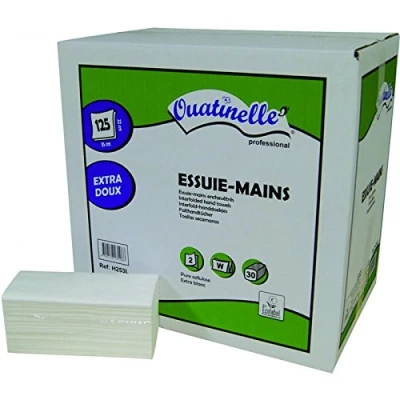 Image de 3750 Essuie mains lisse pliés en W blanc 2x19g/m² 2 plis 22x34cm H253L Certifié France Medical Industrie