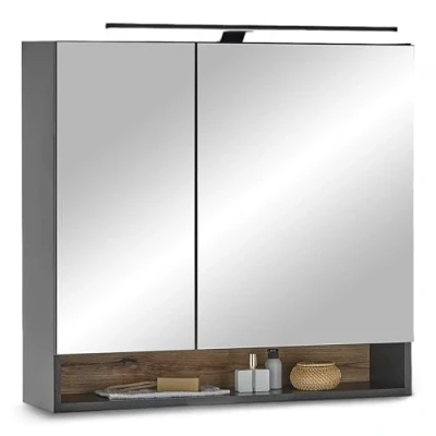 Image de Stella Trading Denver éclairage LED Aspect certifié FSC Armoire de Salle Bain avec Beaucoup d&#039;espace Rangement, Bois d&#039;ingénierie, Noir/chêne Evoke, Spiegelschrank 80 cm