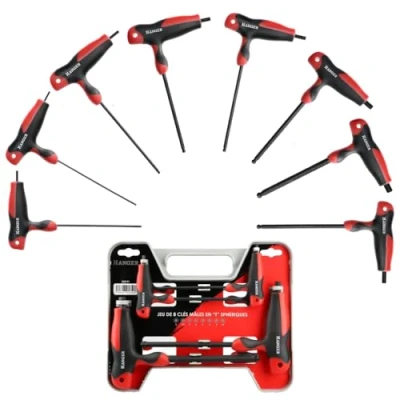Image de Jeu de 8 Clés Allen Sphériques Emmanchées en &#039;T&#039; Hanger 250191 Mâles 6 Pans Poignées Ergonomiques