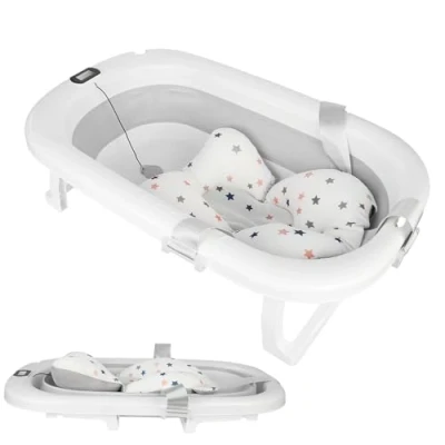 Image de Baignoire pour bébé pliable avec coussin de bain antidérapant, taille XXL, thermomètre contrôler la température l&#039;eau, naissance à 2 ans, soutien, tapis siège