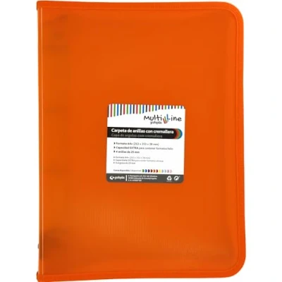 Image de Grafoplás Classeur à anneaux avec fermeture éclair A4+ Orange Multiline 4 mixtes 25 mm Couverture en polypropylène rayé vertical Capacité supplémentaire pour feuilles de papier format