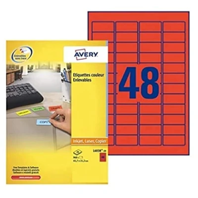 Image de AVERY Pochette de 960 étiquettes rouges autocollantes et amovibles, Personnalisables imprimables, Format 45,7 x 21,2 mm, Impression laser / jet d&#039;encre, (L6038 20)