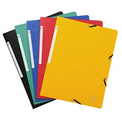 Image de Exacompta Réf. 5520E Paquet de 5 chemises à élastiques sans rabat pochettes en carte lustrée 400 g/m² dimensions 24 x 32 cm pour documents au format A4 couleurs assorties