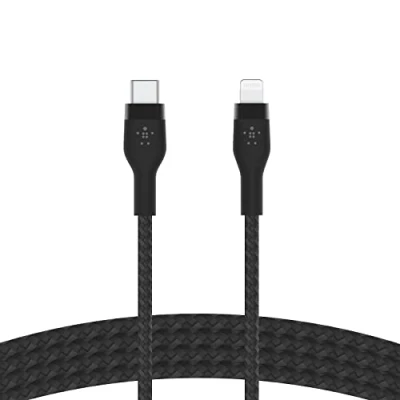 Image de Belkin Câble à gaine tressée USB C vers Lightning BoostCharge Pro Flex (1 m), certifié MFi (20 W), recharge Power Delivery pour iPhone 14/14 Plus, 13, 12, Pro, Max, mini, SE, iPad, etc. (noir)