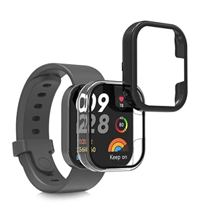 Image de kwmobile Coque Compatible avec Xiaomi Redmi Mi Watch Lite 3 / 2X Étui Cadre écran en Verre trempé pour Fitness Tracker Transparent Noir