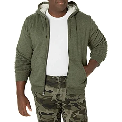 Image de Amazon Essentials Sweat à Capuche avec Fermeture Éclair intégrale et Doublure en Polaire Sherpa Homme, Vert Olive, L