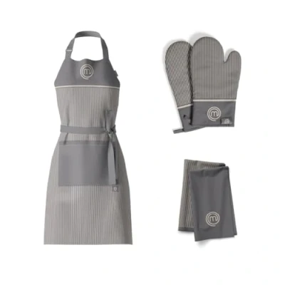 Image de MasterChef Lot de Torchon Cuisine, Tablier Cuisine et Gants Four/Maniques, Motif Rayé Gris, Lavable en Machine, Résistant à la Chaleur