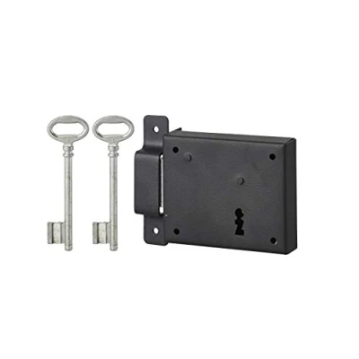 Image de THIRARD Serrure horizontale en applique à clé pour porte de cave, pêne seul, gauche, axe 60mm, 95x76mm, noir, 2 clés
