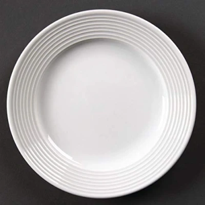Image de Olympia Linear Assiettes Rondes à Large Rebord en Porcelaine Blanche 150 mm Entièrement Vitrifiée avec Motif Doublé Relief Paquet de 12