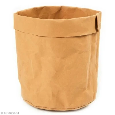 Image de Panier rond en papier effet cuir 11 x 12 cm vegan Creotime : Matière lavableColoris: brun clair