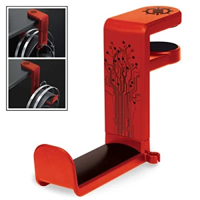 Image de ENHANCE Support Casque Audio de Jeu ou Musique avec Bras Pivotant à 360 Degrés, Pince Fixation Format Universel pour Table et Bureau Rangement Câble Intégré Rouge