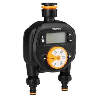 Image de Fiskars Programmateur à 2 Sorties, Pour toutes les Tailles de Robinets courantes, Écran LCD facile lire, Taille universelle, 580 g, Noir/Orange, 1054792