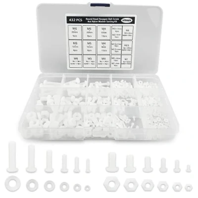 Image de 432Pièces Vis Boulons et Ecrous Rondelles à Tête cylindrique Nylon BlancAssortiment de écrous Hexagonale Ronde Filetage M2/M2.5/M3/M4/M5/M6