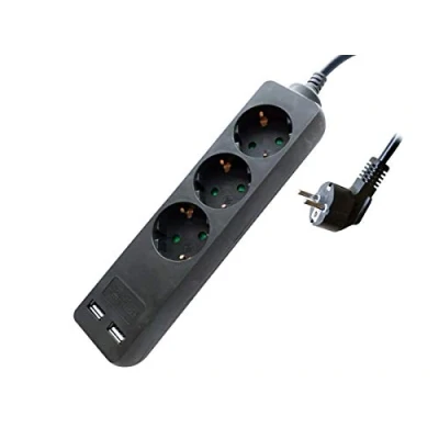 Image de LEDLUX Power Strip avec 2 USB et 3 Schuko Places, Prise 16A Hybride Type F + E, Max 250V 3680W (Câble de 1,5 mètre, Noir)